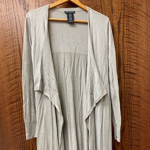 Chelsea & Theodore tan fine‎ knit long open front shawl collar cardigan sweater - Picture 2 of 8